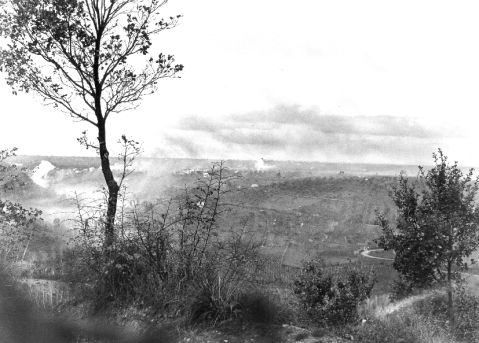 Artillery barrage at the Moro River Valley looking towards San Leonardo di Ortona. December, 1943 Italy. Virtual Museum.ca 